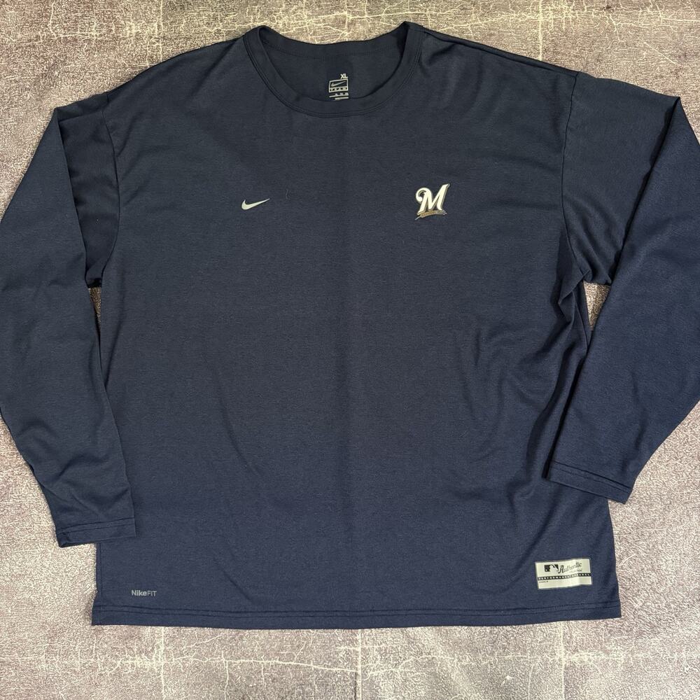 Men's Vintage Nike Milwaukee Brewers Navy Blue Performance Long Sleeve Shirt XL